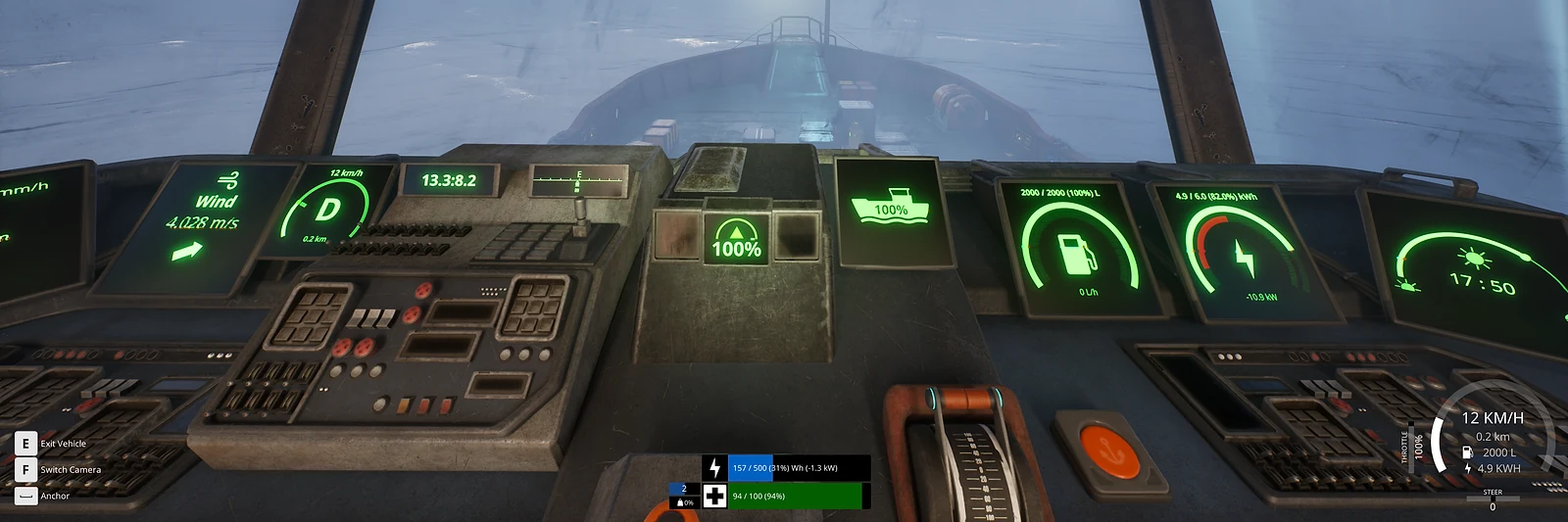 The boat cab dashboard seen from the helm, with gauges for wind, speed, fuel and power and a boat icon at 100%, and the power and Vitality bars at the bottom of the screen, in The Last Caretaker.