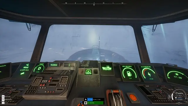 The boat cab dashboard seen from the helm, with gauges for wind, speed, fuel and power and a boat icon at 100%, and the power and Vitality bars at the bottom of the screen, in The Last Caretaker.