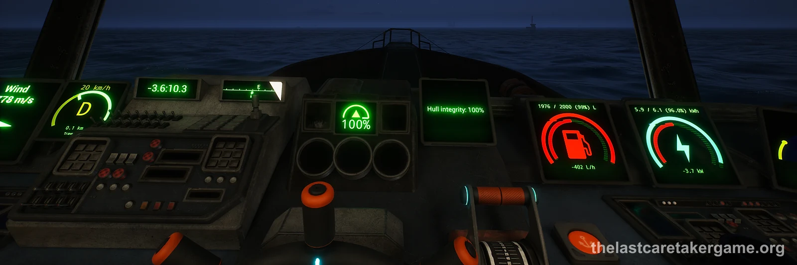 A boat's control panel at night, with glowing gauges for wind, speed, hull integrity, fuel and power, in The Last Caretaker.