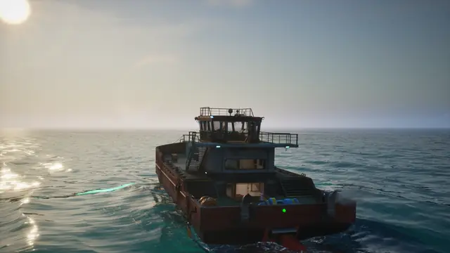 A boat with a raised cabin and deck railings on a bright open sea in The Last Caretaker.