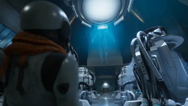A Caretaker facing cultivation pods beneath blue light in The Last Caretaker.
