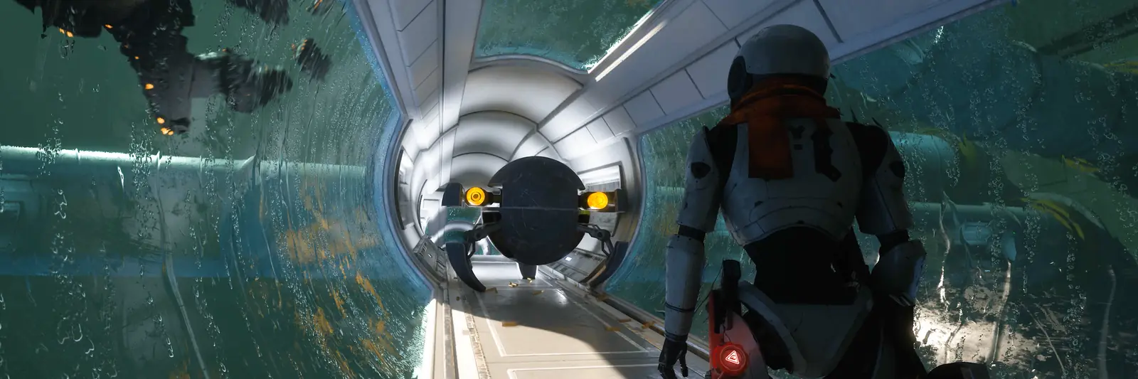 A Caretaker walking through an underwater glass passage in The Last Caretaker.