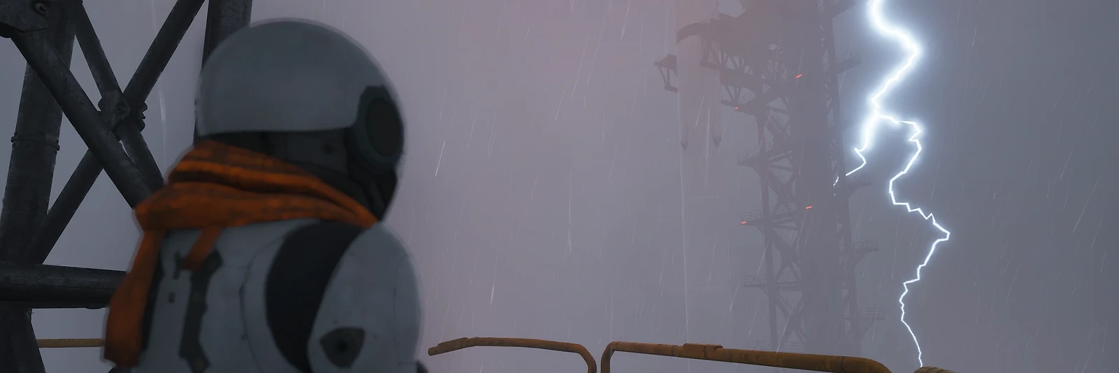A Caretaker looking toward lightning during a storm in The Last Caretaker.