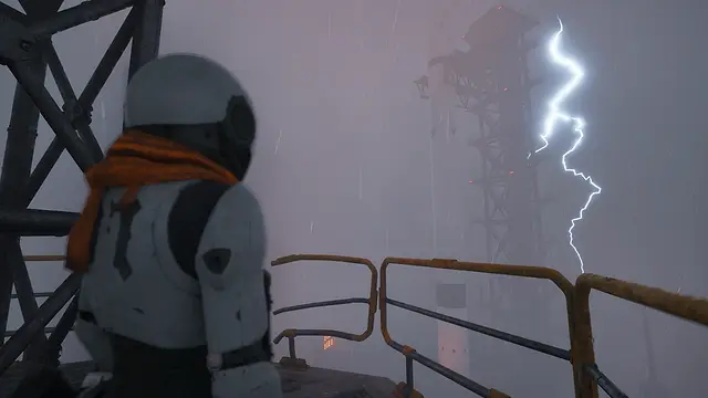 A Caretaker looking toward lightning during a storm in The Last Caretaker.