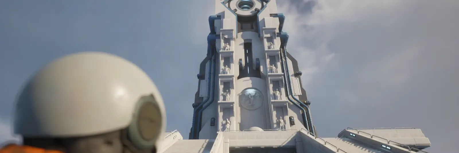 A Caretaker looking up at a tall white tower in The Last Caretaker.