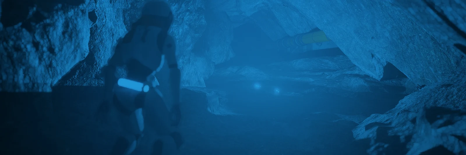 A Caretaker descending into a blue underwater cave in The Last Caretaker.
