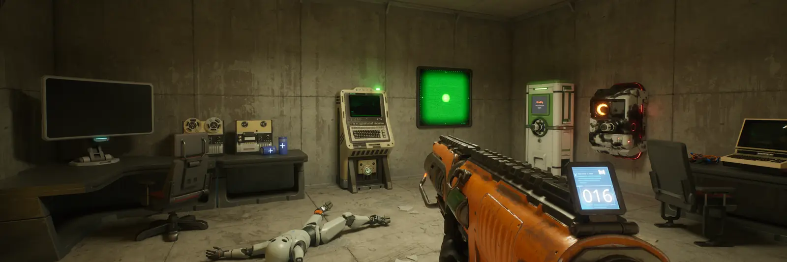 A first-person view of workbenches, terminals and equipment inside a concrete room in The Last Caretaker.