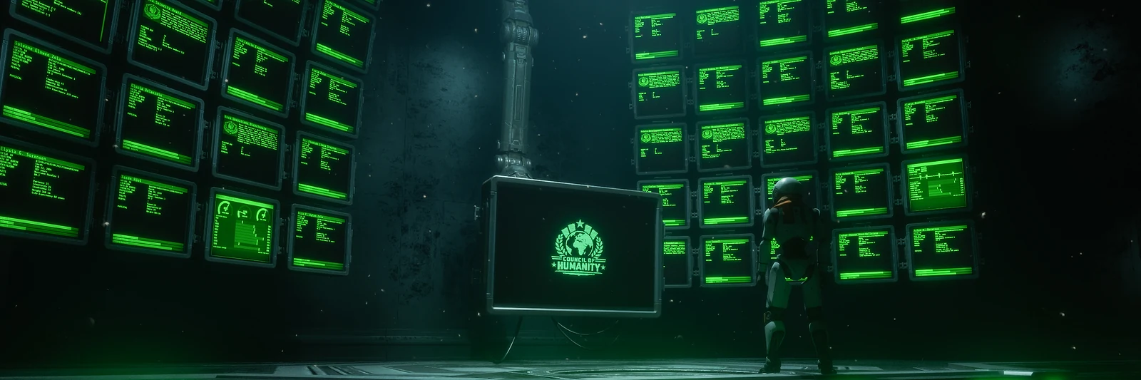 A Caretaker in the Council of Humanity chamber, beside the Council emblem and walls of green terminals showing human profiles, in The Last Caretaker.