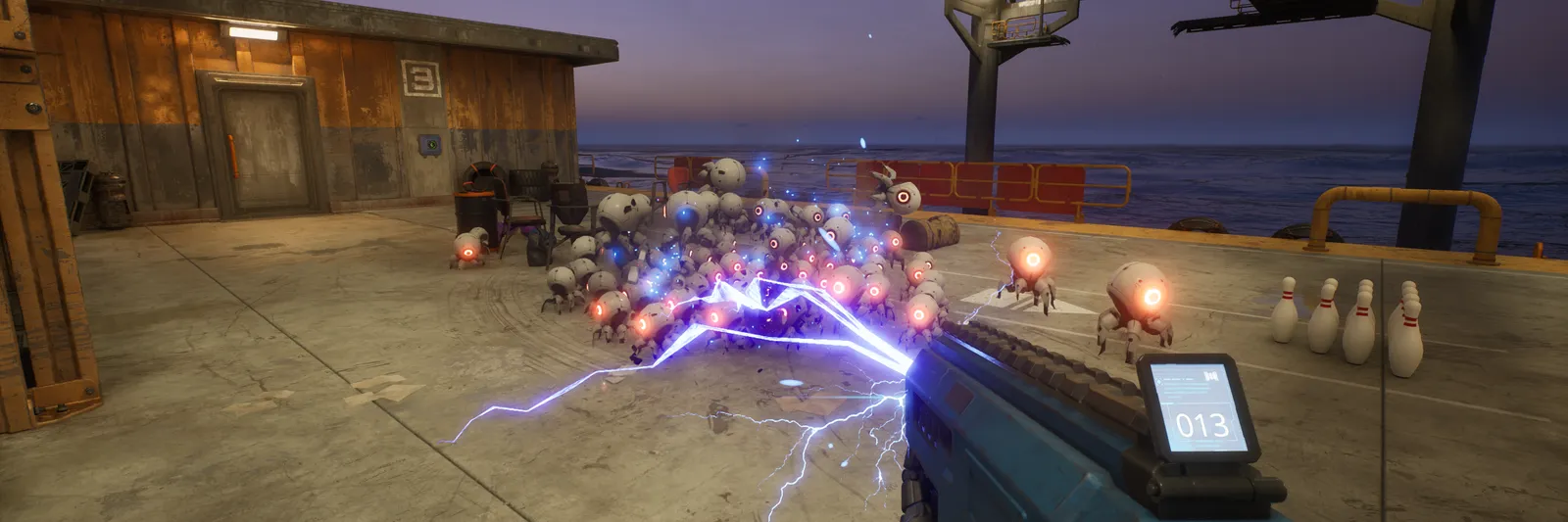 An electric weapon firing lightning into a swarm of small robots on a deck at dusk in The Last Caretaker.