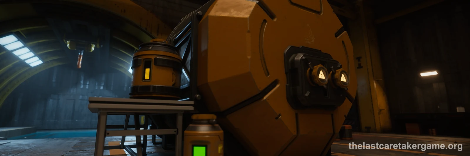 A large orange fuel container and smaller barrels in a warehouse hall in The Last Caretaker, from the Update 5.5 press kit.