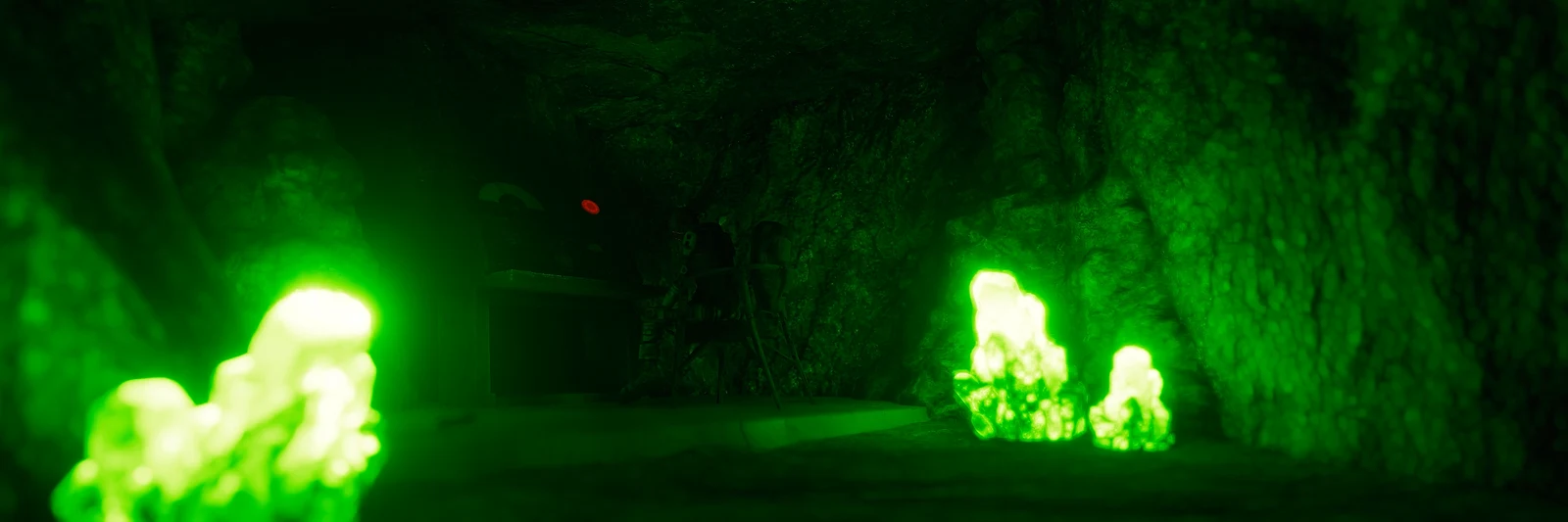 Bright green crystals lighting the floor and walls of a dark cave in The Last Caretaker.