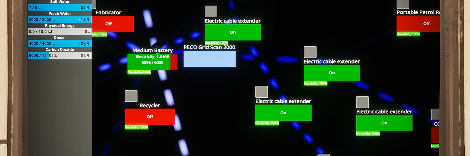 The PECO Grid Scan 2000 screen in The Last Caretaker, showing a power grid of electric cable extenders, a medium battery and machines switched on or off; from the Update 5 press kit, not the Lazarus Complex.