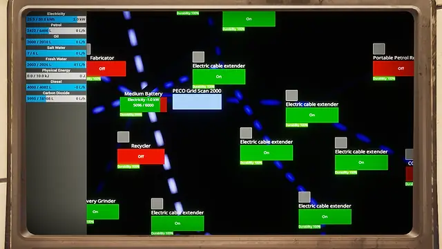 The PECO Grid Scan 2000 screen in The Last Caretaker, showing a power grid of electric cable extenders, a medium battery and machines switched on or off; from the Update 5 press kit, not the Lazarus Complex.