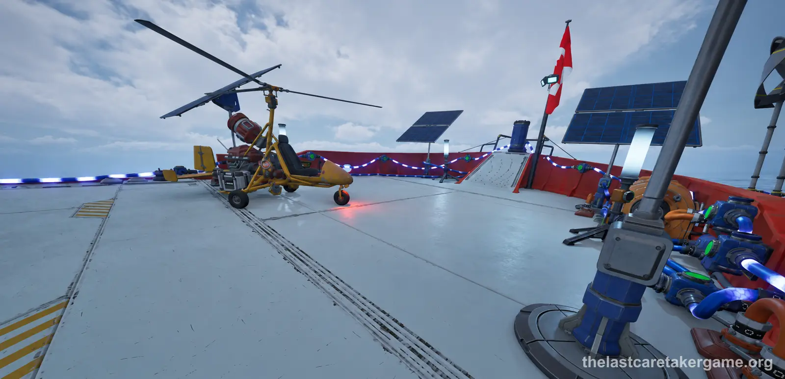 A yellow Gyrocopter parked on a rooftop deck with solar panels and a red railing in The Last Caretaker.