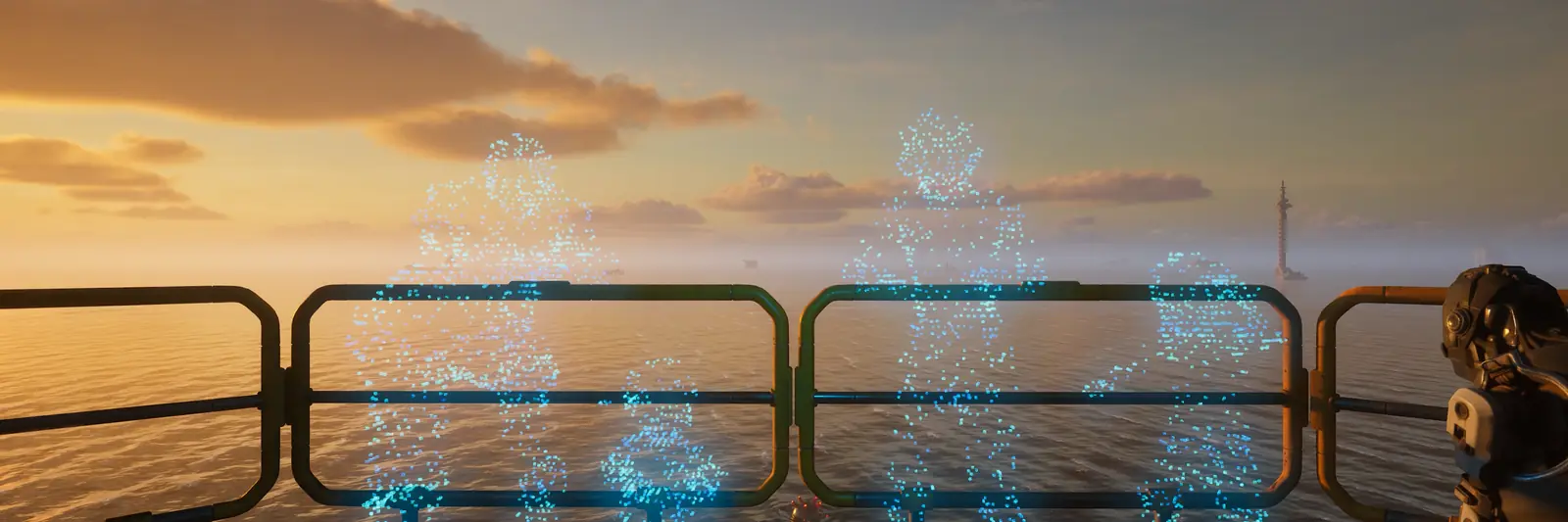 A holographic image beyond the railing of a deck at sunset in The Last Caretaker.