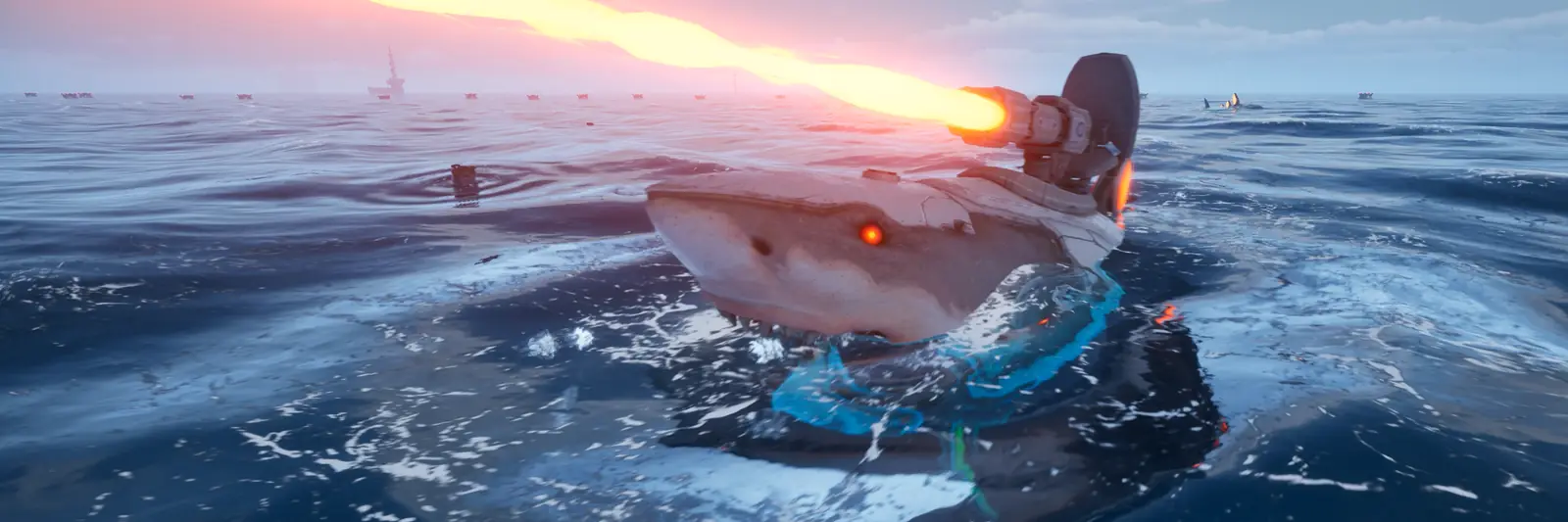 A mechanical shark firing a red laser above the waves in The Last Caretaker.