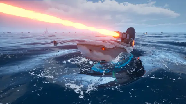 A mechanical shark firing a red laser above the waves in The Last Caretaker.