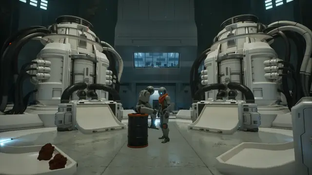 White cultivation pods with Caretakers standing between them inside Lazarus in The Last Caretaker.