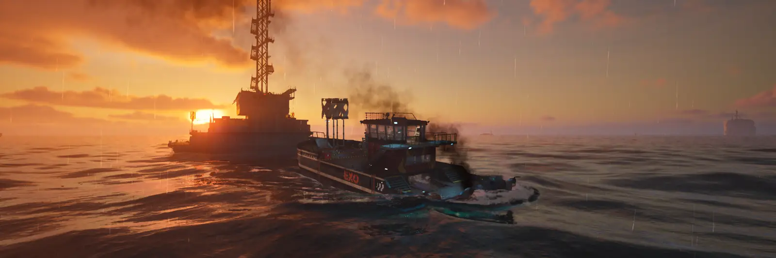 The Caretaker's boat sailing alone across the sea at sunset in The Last Caretaker.