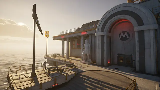 An arched doorway with a MOSES M emblem on a sunny sea platform in The Last Caretaker, from the Xbox announcement press kit; it is not the Transfer Gate.