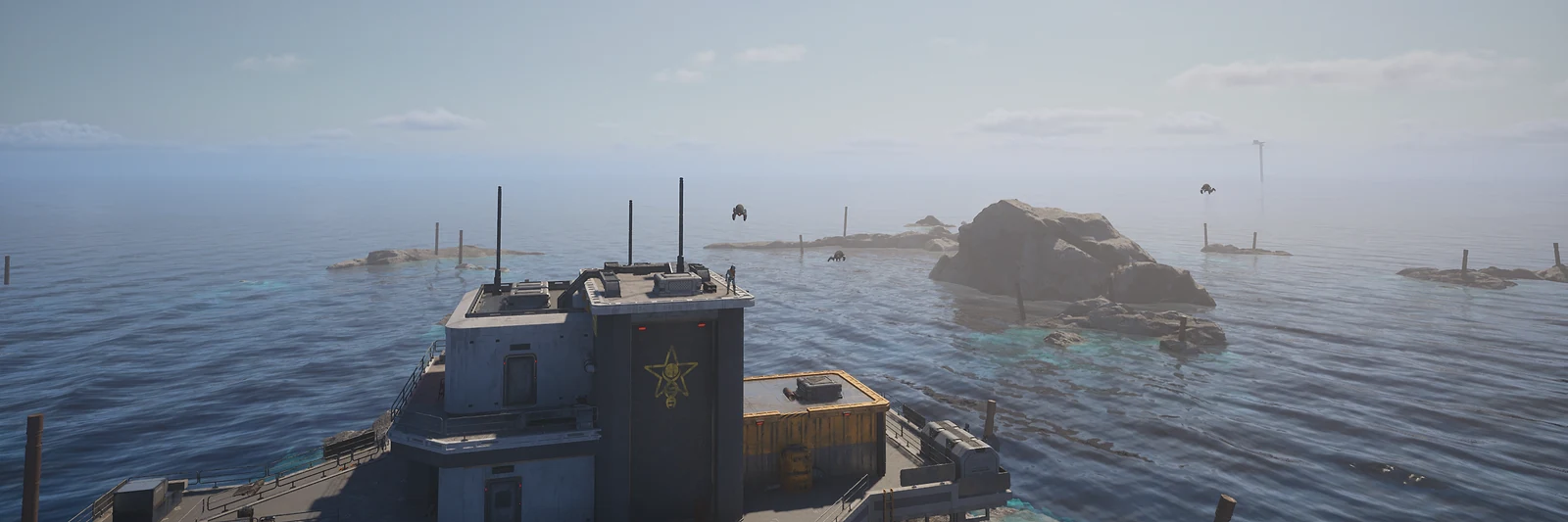 A MOSES outpost with a star emblem on a calm sea, with rocky islets and flying drones in the distance, in The Last Caretaker, from the Xbox announcement press kit; it is not North Bastion.