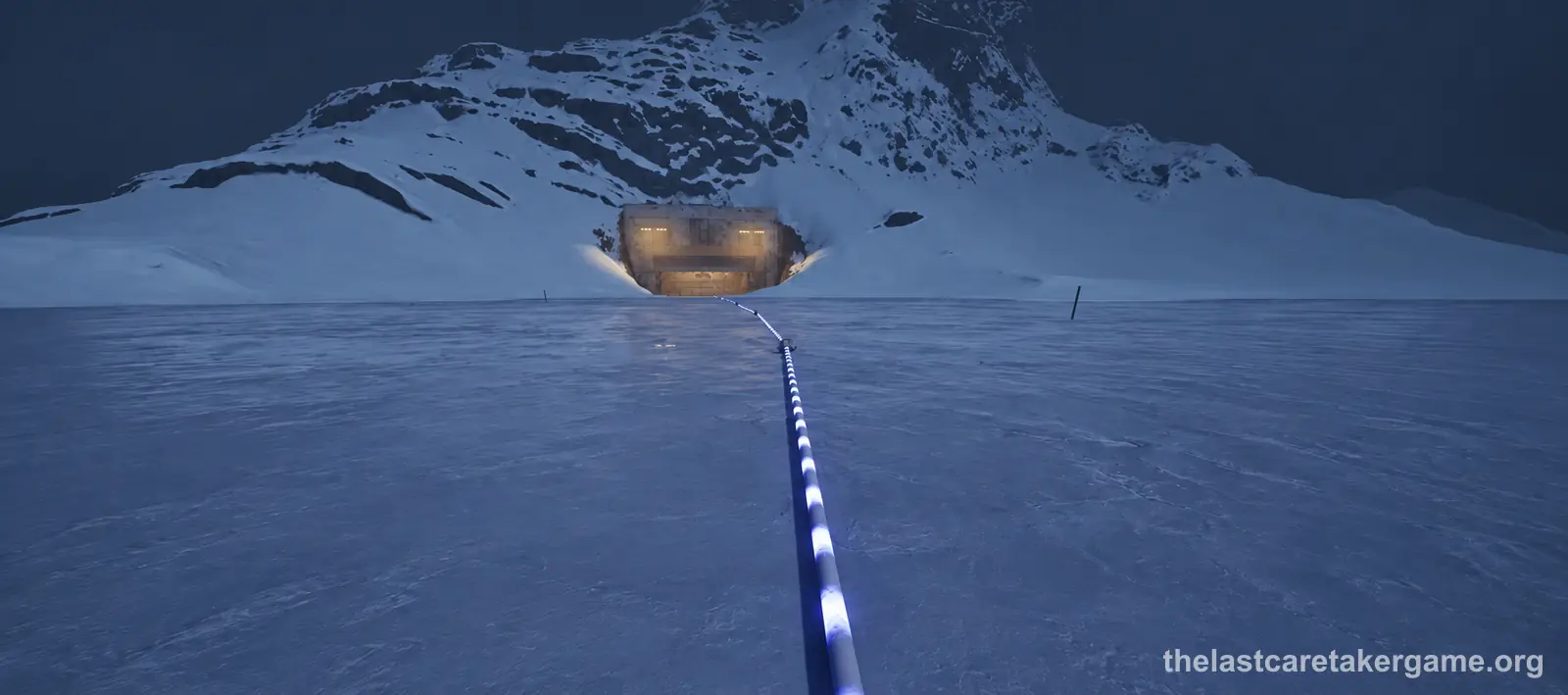 The lit entrance of North Bastion at the foot of a snowy mountain, with a glowing cable running across the snow to it, in The Last Caretaker.