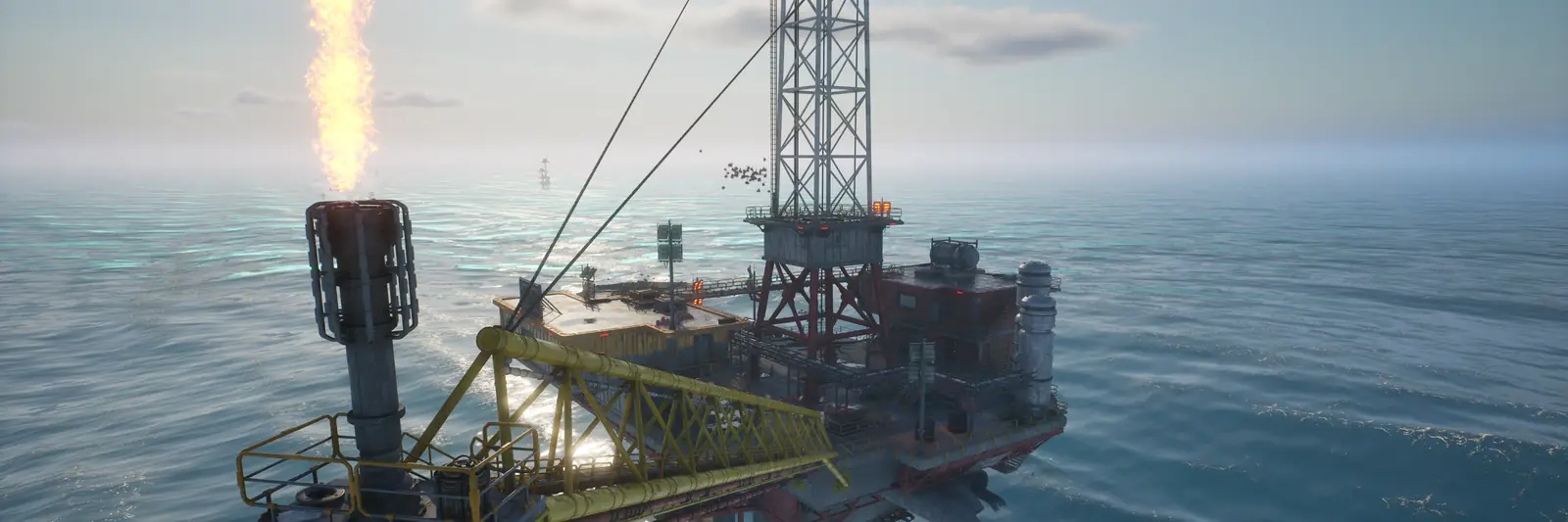 An offshore platform with a burning flare above the sea in The Last Caretaker.