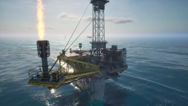 An offshore platform with a burning flare above the sea in The Last Caretaker.