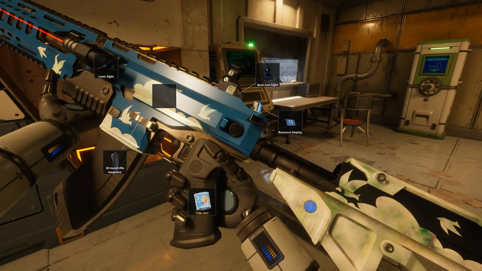 A blue and white patterned bolt gun held in first person inside an industrial room in The Last Caretaker.