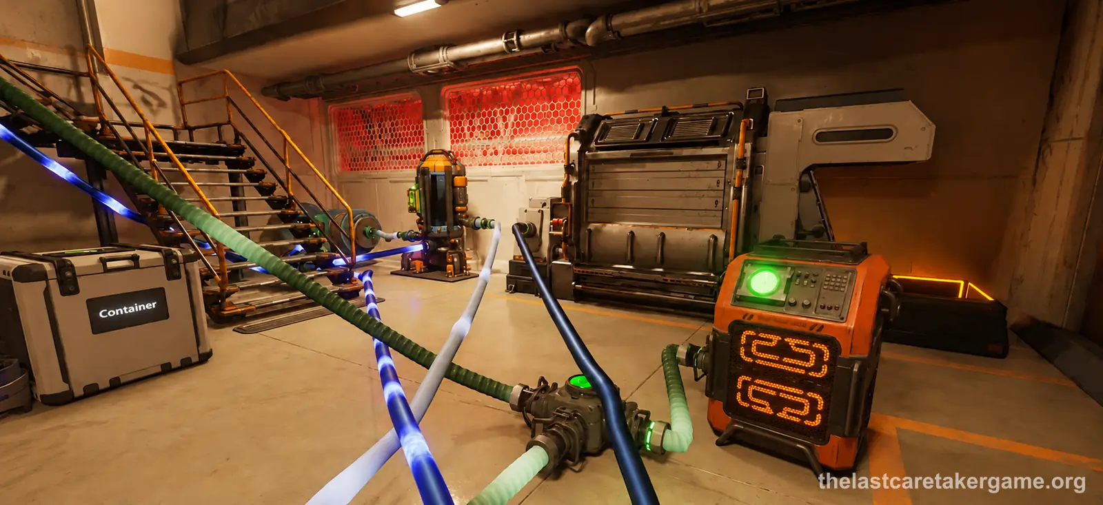 An orange portable heater with glowing coils, hooked up to hoses at a pipe junction in a warm-lit base room in The Last Caretaker.