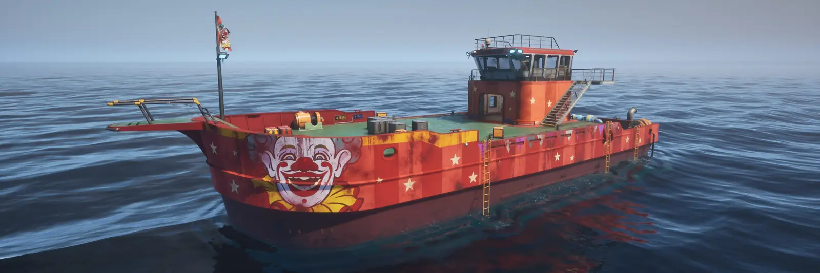 A red boat with a clown-face paint scheme on open water in The Last Caretaker.