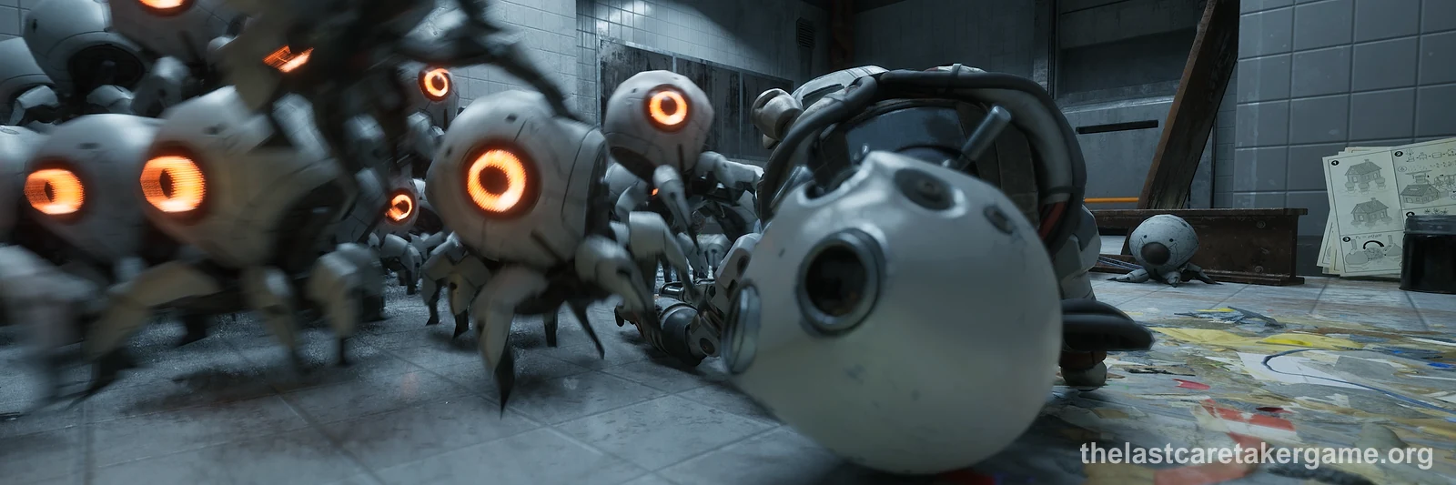 A swarm of small round robots with glowing orange eyes next to a broken robot head on a tiled floor in The Last Caretaker, from the Update 3.5 press kit.