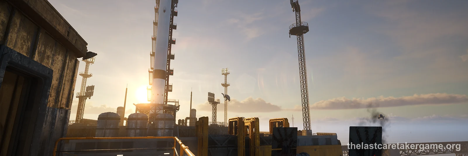 A rocket on its launch tower at sunset, seen from a deck with metal grating and a yellow railing, in The Last Caretaker, from the Xbox announcement press kit.