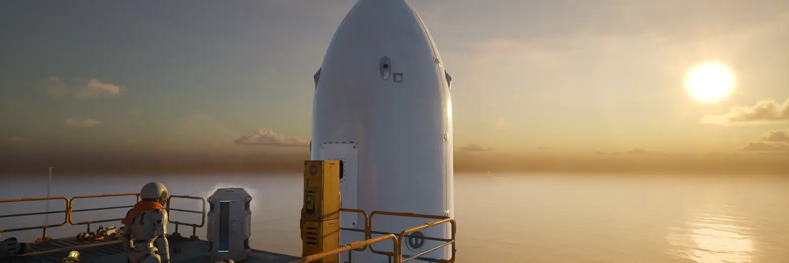 A rocket on an offshore platform at sunset in The Last Caretaker.