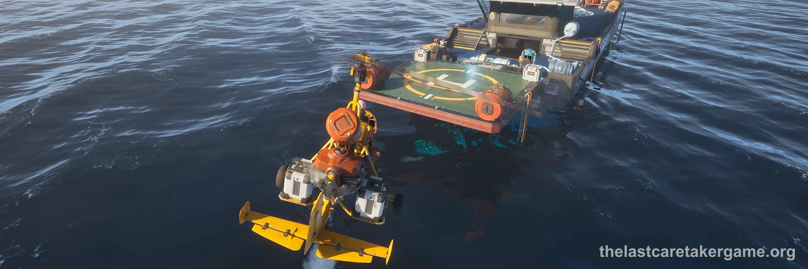 A yellow Salvage Gyro flying low over the sea toward the landing pad on a boat in The Last Caretaker, from the Update 5 press kit; it does not show a silo.