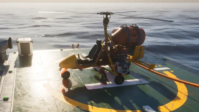 A yellow Salvage Gyro parked on a marked landing platform above the sea in The Last Caretaker.