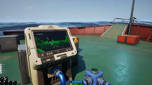 The Scan-50 sonar on the boat deck, its green screen showing the seabed with + markers and a 50 m scan range, in The Last Caretaker.