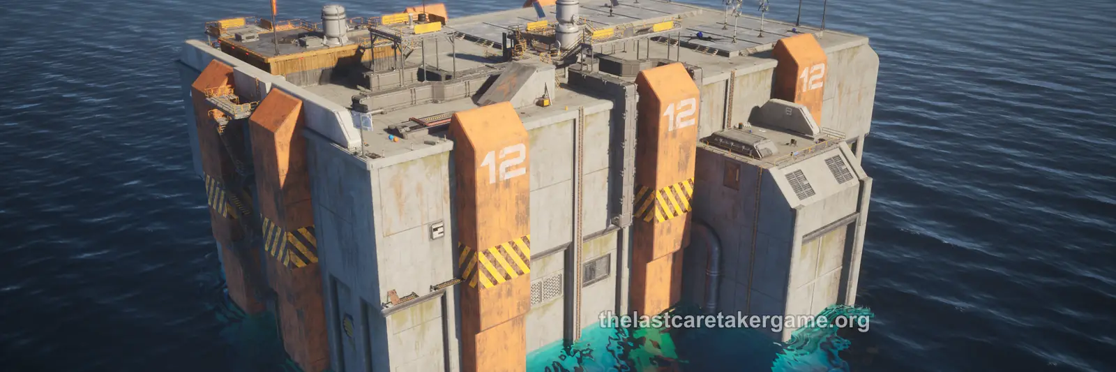 A large structure marked with the number 12 above the sea in The Last Caretaker.