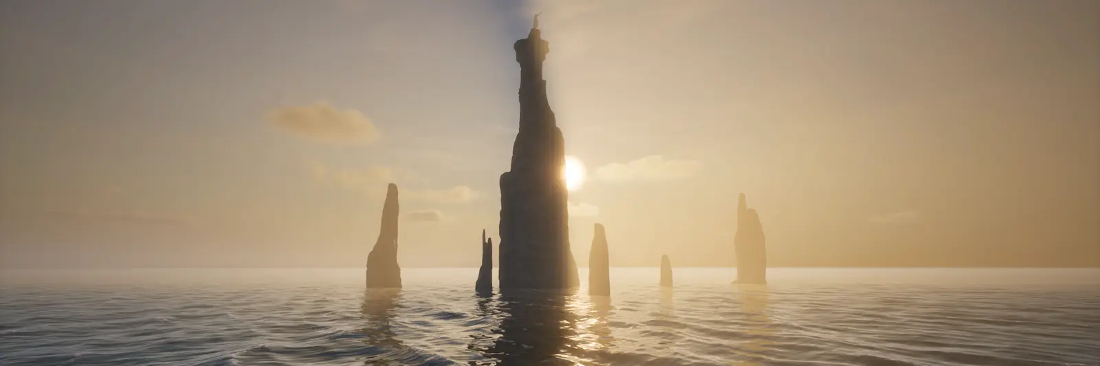 Rock spires rising from the sea at sunset in The Last Caretaker.
