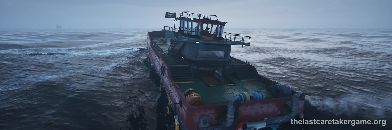 The Caretaker's ship sailing across a rough open sea in The Last Caretaker, from the Xbox and Road to 1.0 press kit; it shows no Update 7 content.