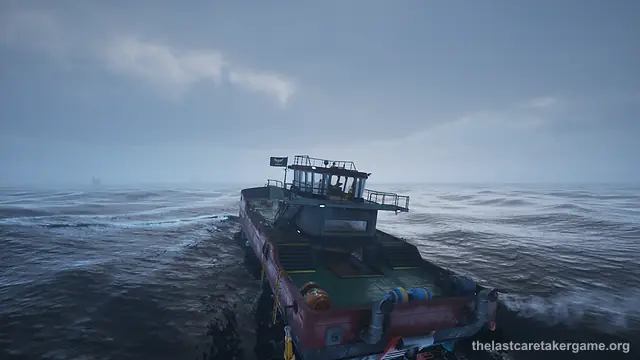 The Caretaker's ship sailing across a rough open sea in The Last Caretaker, from the Xbox and Road to 1.0 press kit; it shows no Update 7 content.