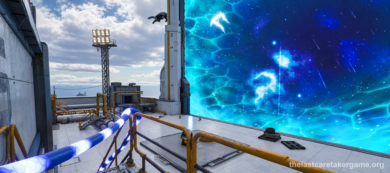 The open Transfer Gate glowing with blue starry light beside a white tower on a metal deck in The Last Caretaker.