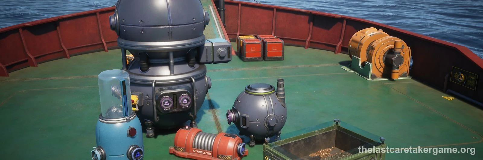 Utility modules on a boat deck, a domed tank, a blue tank and a red stabilizer, in The Last Caretaker, from the Update 3 press kit; it is not the North Bastion Boiler or a heater.