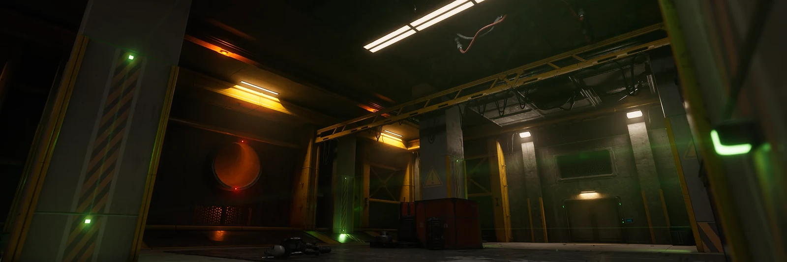 Heavy doors and a round vault door inside the Warehouse, with warning stripes and green door lights, in The Last Caretaker.