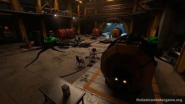 The hall of a warehouse inside a vault, with fuel tanks, a tunnel and a large round robot in front, in The Last Caretaker, from the Update 5.5 press kit; no QR code is shown.