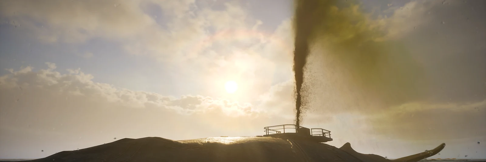 A whale at sunset with a railed platform on its back and a dark plume rising from it in The Last Caretaker.