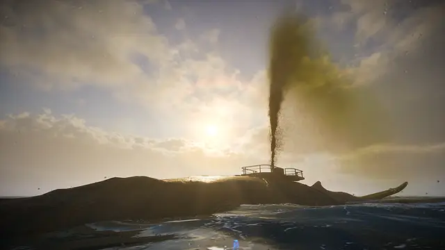A whale at sunset with a railed platform on its back and a dark plume rising from it in The Last Caretaker.